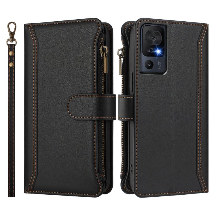 For TCL 40 SE Magnetic Closure 9 Card Slots Zipper Leather Case with Hand Strap