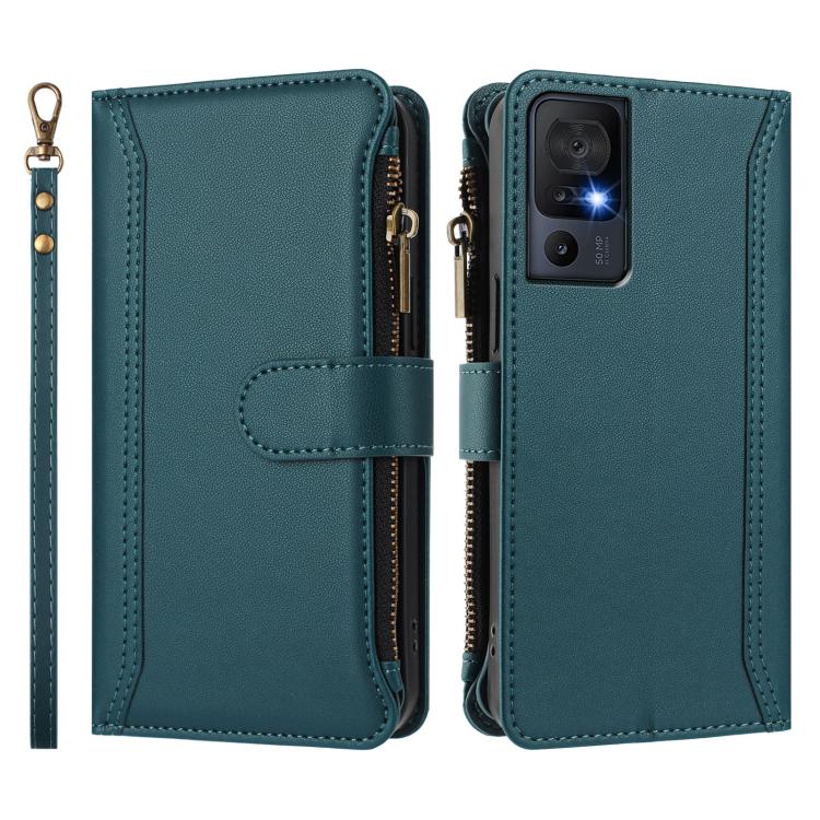 For TCL 40 SE Magnetic Closure 9 Card Slots Zipper Leather Case with Hand Strap