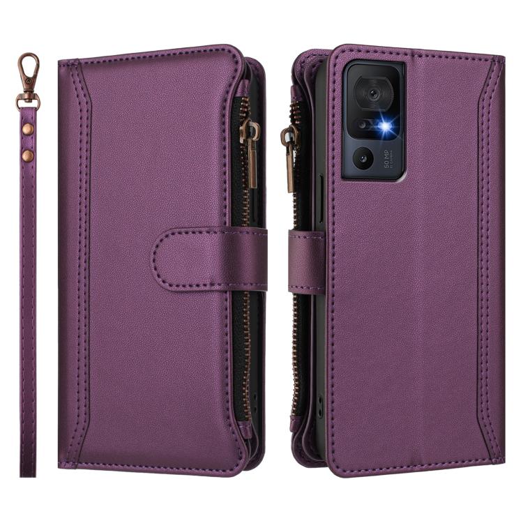 For TCL 40 SE Magnetic Closure 9 Card Slots Zipper Leather Case with Hand Strap
