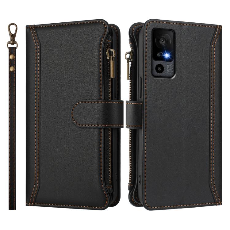 For TCL 40 R 5G Magnetic Closure 9 Card Slots Zipper Leather Case with Hand Strap