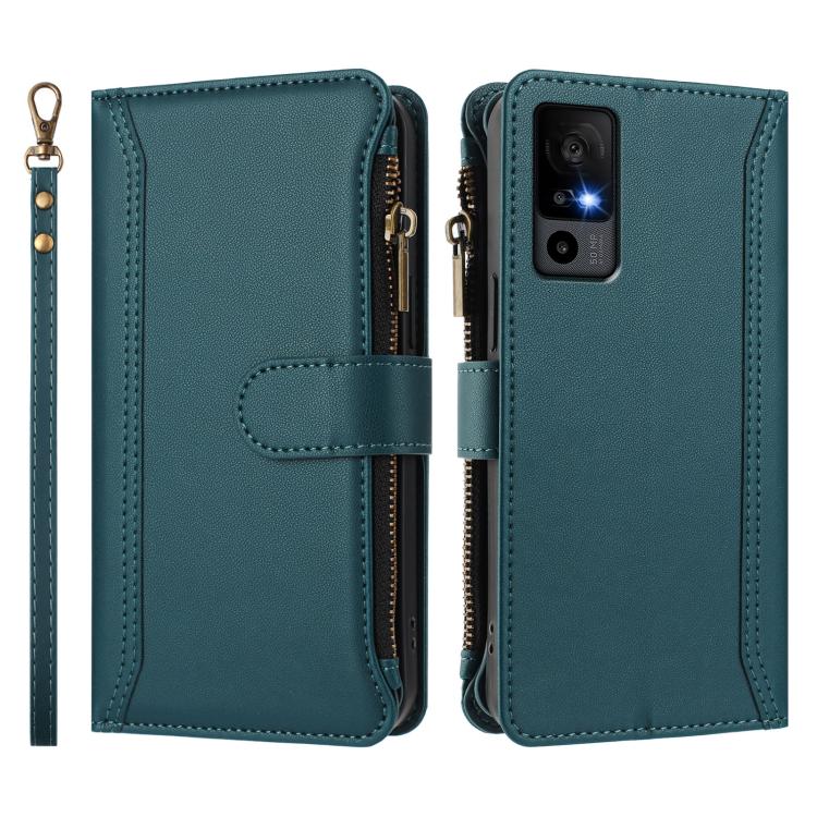For TCL 40 R 5G Magnetic Closure 9 Card Slots Zipper Leather Case with Hand Strap