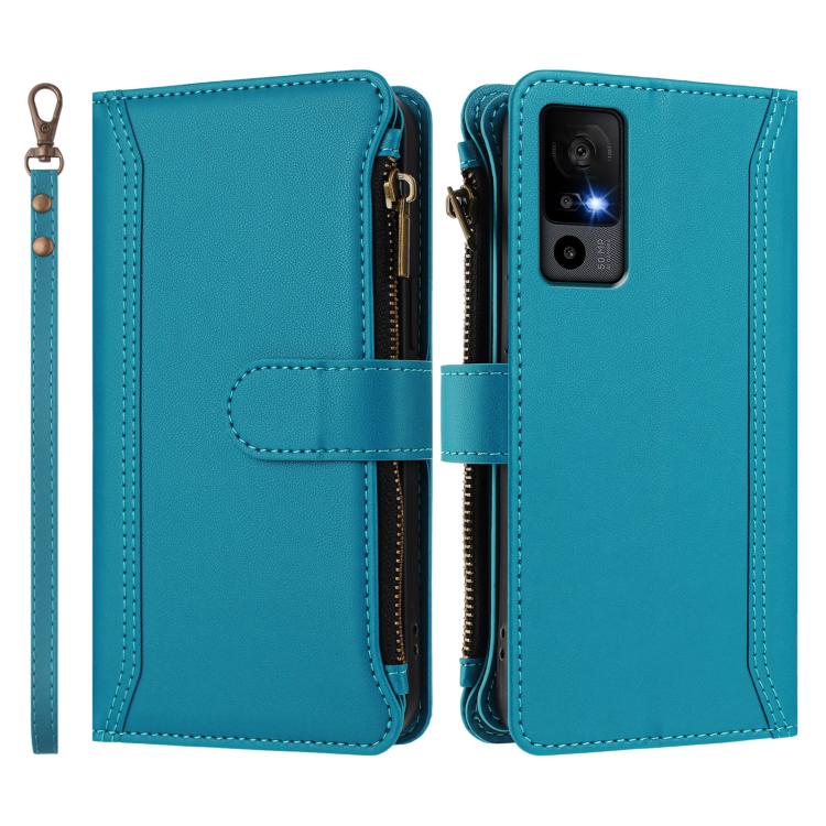 For TCL 40 R 5G Magnetic Closure 9 Card Slots Zipper Leather Case with Hand Strap