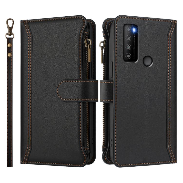 For TCL 30XL 2022 Magnetic Closure 9 Card Slots Zipper Leather Case with Hand Strap