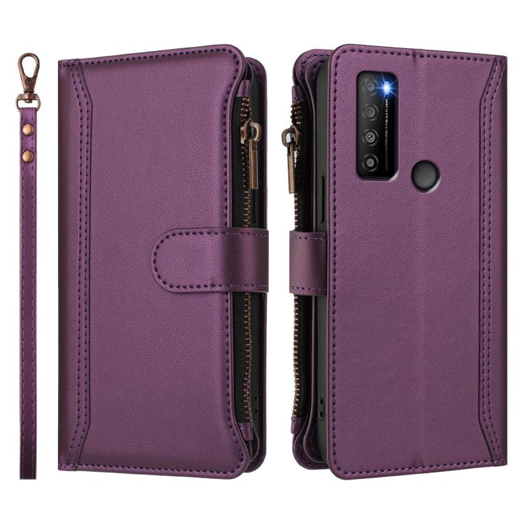 For TCL 30XL 2022 Magnetic Closure 9 Card Slots Zipper Leather Case with Hand Strap