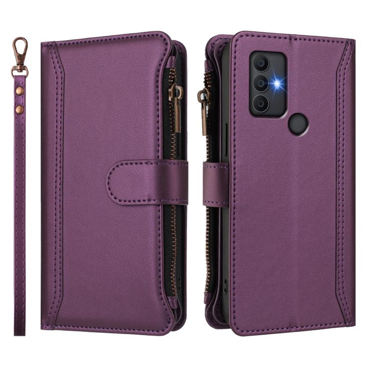 For TCL 305 / 306 / 30 SE Magnetic Closure 9 Card Slots Zipper Leather Case with Hand Strap