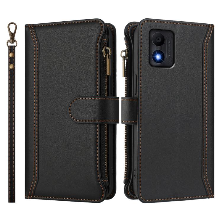 For TCL 303 Magnetic Closure 9 Card Slots Zipper Leather Case with Hand Strap