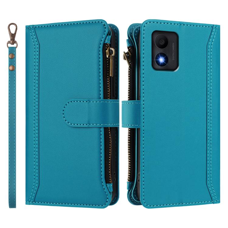 For TCL 303 Magnetic Closure 9 Card Slots Zipper Leather Case with Hand Strap