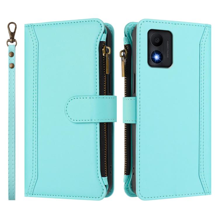 For TCL 303 Magnetic Closure 9 Card Slots Zipper Leather Case with Hand Strap