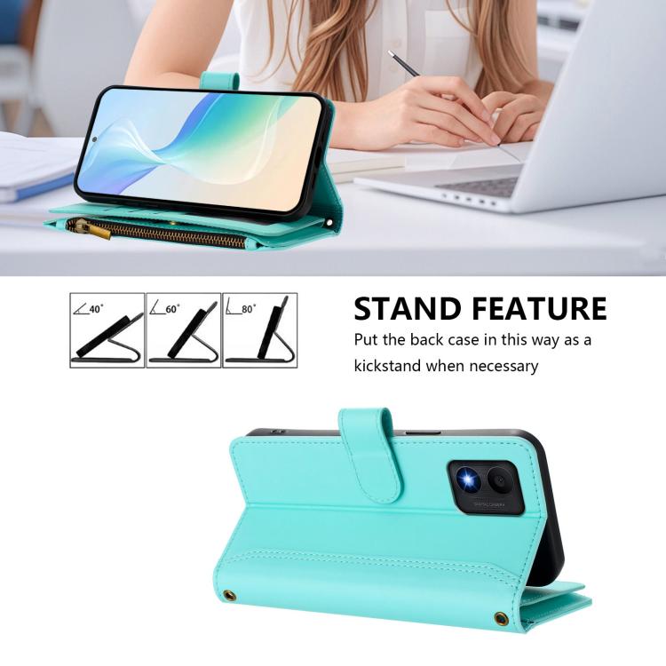 For TCL 303 Magnetic Closure 9 Card Slots Zipper Leather Case with Hand Strap