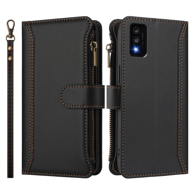 For TCL 30T Magnetic Closure 9 Card Slots Zipper Leather Case with Hand Strap