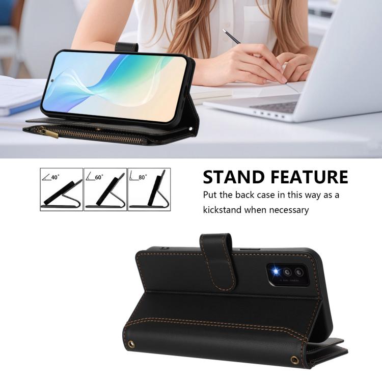 For TCL 30T Magnetic Closure 9 Card Slots Zipper Leather Case with Hand Strap