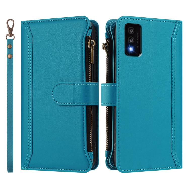 For TCL 30T Magnetic Closure 9 Card Slots Zipper Leather Case with Hand Strap