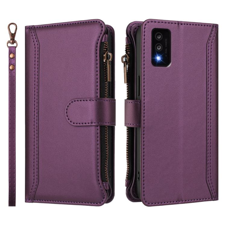 For TCL 30T Magnetic Closure 9 Card Slots Zipper Leather Case with Hand Strap