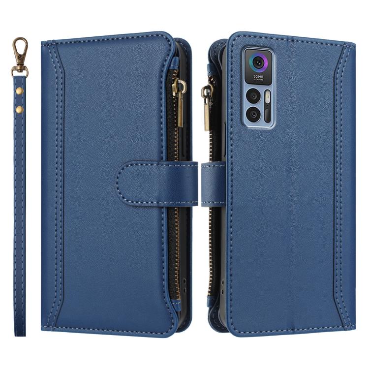 For TCL 30 4G / 5G / 30+ Magnetic Closure 9 Card Slots Zipper Leather Case with Hand Strap