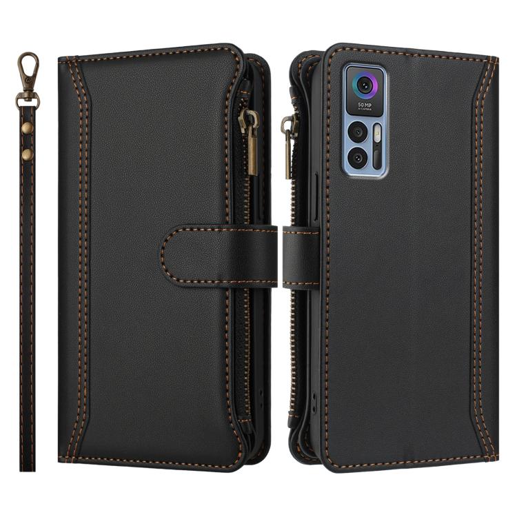 For TCL 30 4G / 5G / 30+ Magnetic Closure 9 Card Slots Zipper Leather Case with Hand Strap