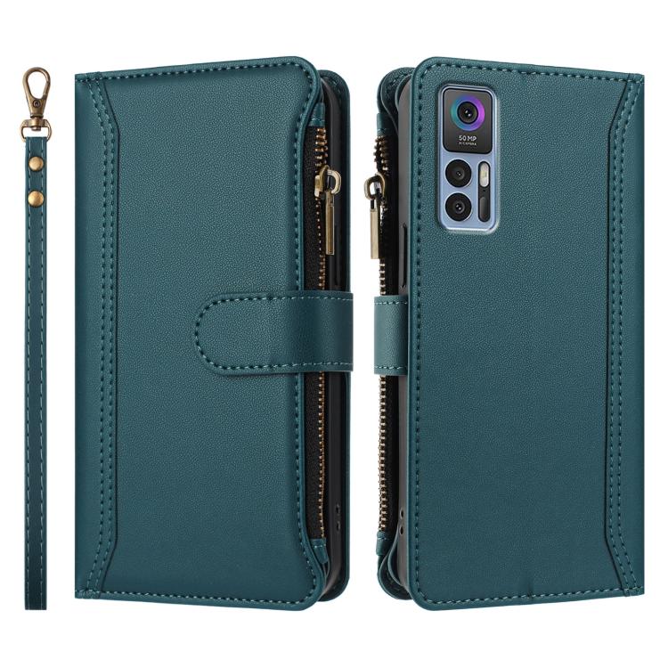 For TCL 30 4G / 5G / 30+ Magnetic Closure 9 Card Slots Zipper Leather Case with Hand Strap