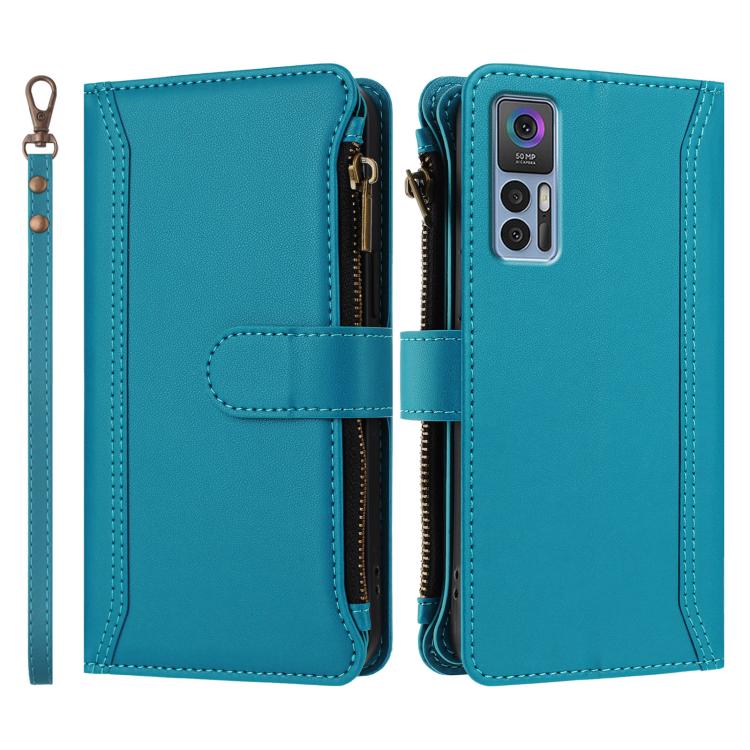 For TCL 30 4G / 5G / 30+ Magnetic Closure 9 Card Slots Zipper Leather Case with Hand Strap