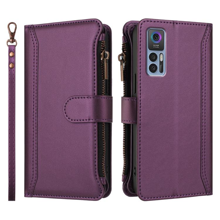 For TCL 30 4G / 5G / 30+ Magnetic Closure 9 Card Slots Zipper Leather Case with Hand Strap