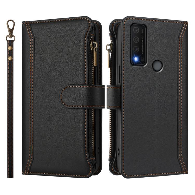 For TCL 30 XE 5G / 30 V 5G Magnetic Closure 9 Card Slots Zipper Leather Case with Hand Strap