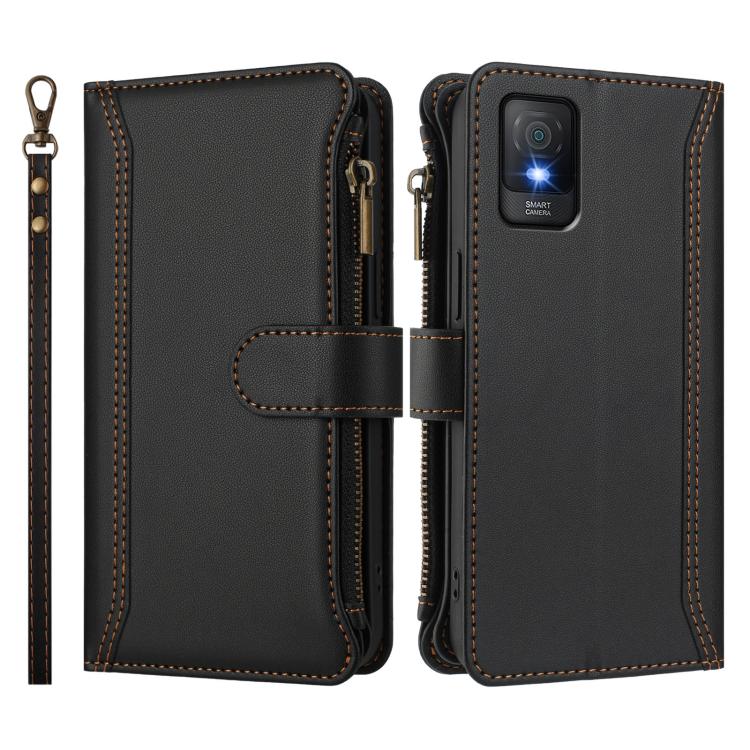 For TCL 403 Magnetic Closure 9 Card Slots Zipper Leather Case with Hand Strap