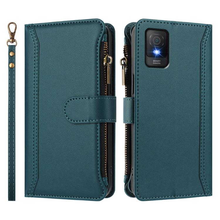 For TCL 403 Magnetic Closure 9 Card Slots Zipper Leather Case with Hand Strap