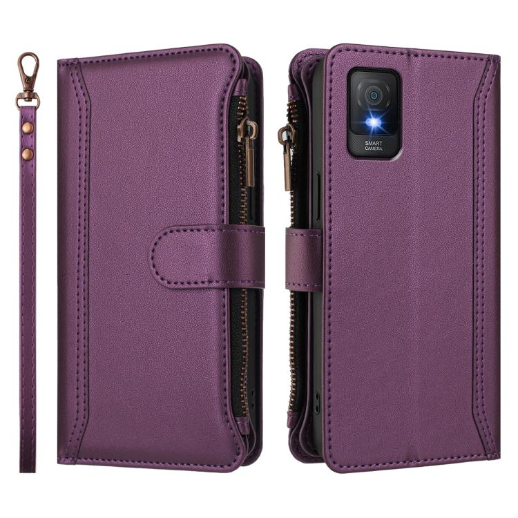 For TCL 403 Magnetic Closure 9 Card Slots Zipper Leather Case with Hand Strap