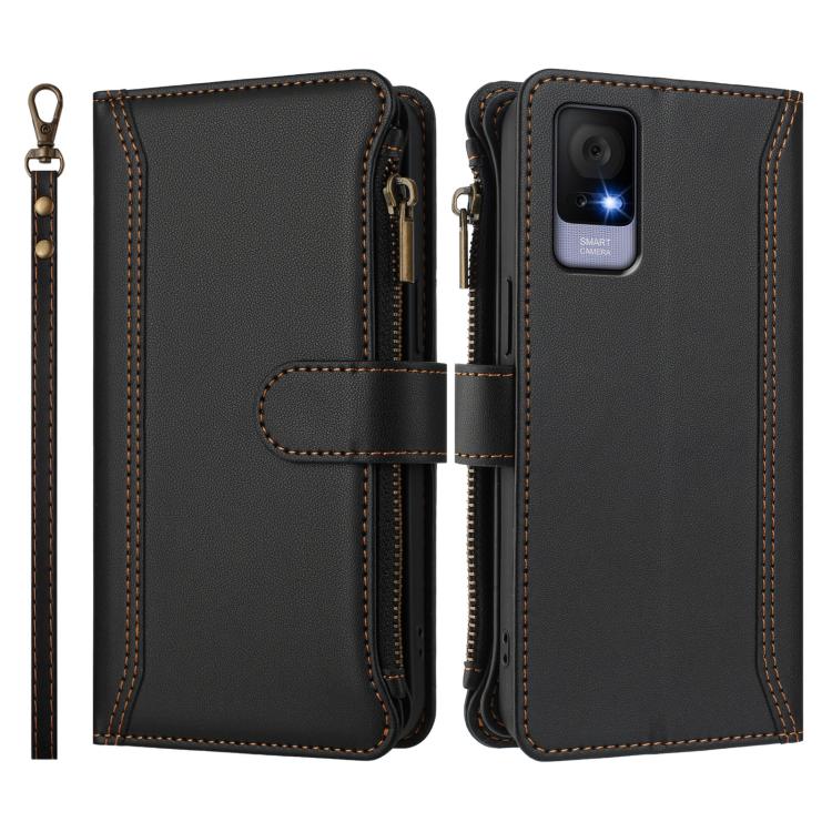 For TCL 405 / 406 / 406S / 480 Magnetic Closure 9 Card Slots Zipper Leather Case with Hand Strap
