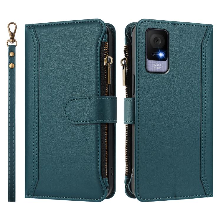 For TCL 405 / 406 / 406S / 480 Magnetic Closure 9 Card Slots Zipper Leather Case with Hand Strap