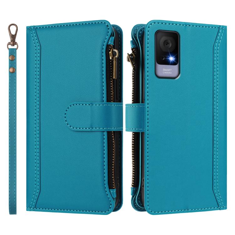 For TCL 405 / 406 / 406S / 480 Magnetic Closure 9 Card Slots Zipper Leather Case with Hand Strap