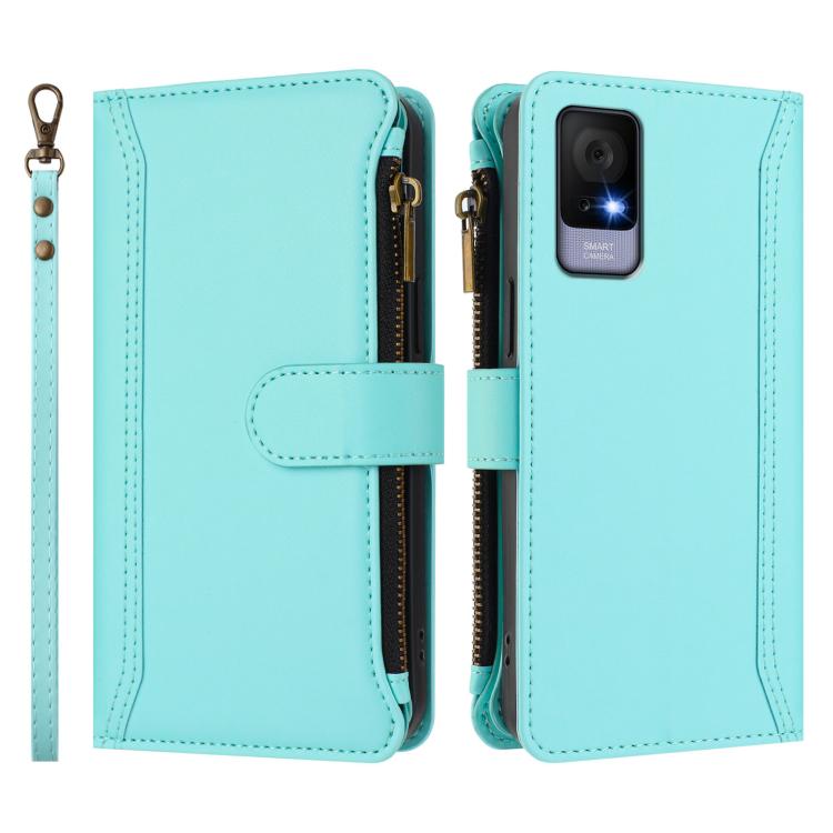 For TCL 405 / 406 / 406S / 480 Magnetic Closure 9 Card Slots Zipper Leather Case with Hand Strap