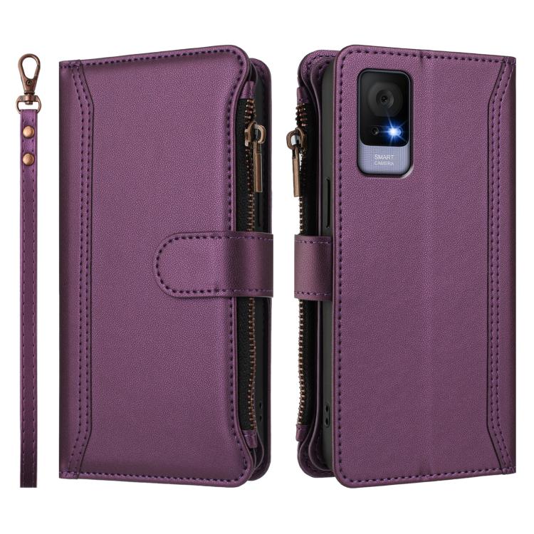 For TCL 405 / 406 / 406S / 480 Magnetic Closure 9 Card Slots Zipper Leather Case with Hand Strap