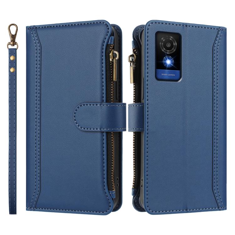For TCL 501 Magnetic Closure 9 Card Slots Zipper Leather Case with Hand Strap