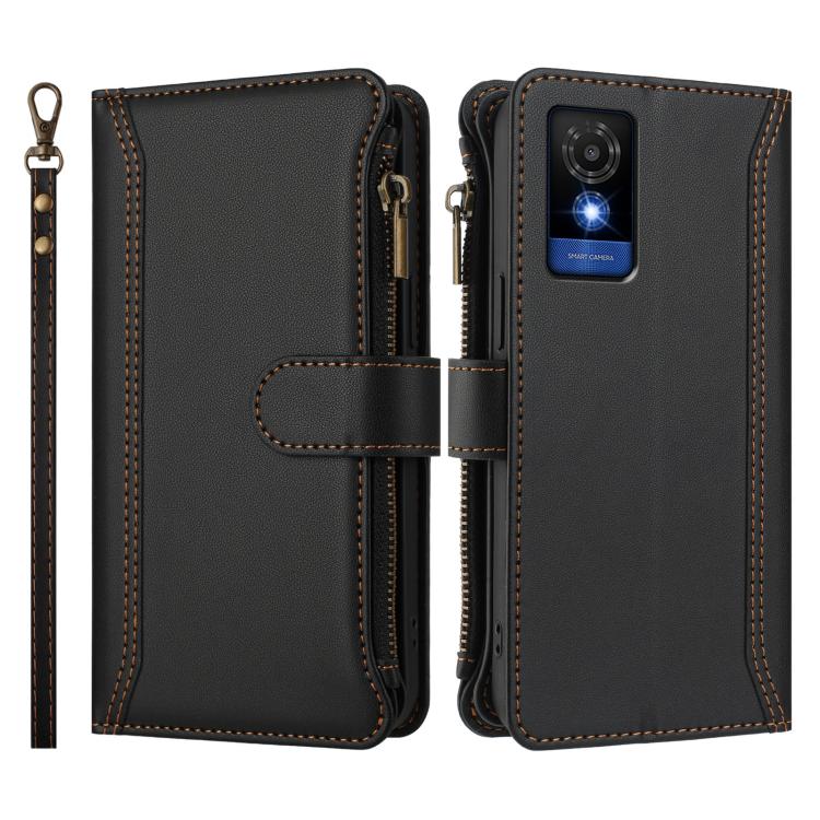 For TCL 501 Magnetic Closure 9 Card Slots Zipper Leather Case with Hand Strap