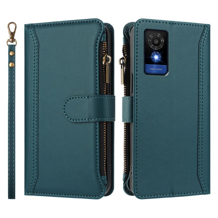 For TCL 501 Magnetic Closure 9 Card Slots Zipper Leather Case with Hand Strap