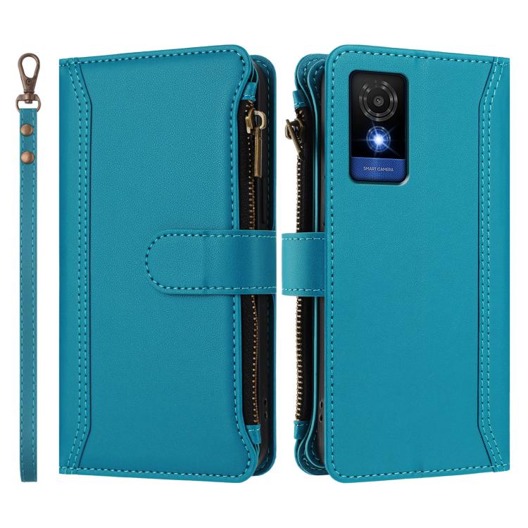 For TCL 501 Magnetic Closure 9 Card Slots Zipper Leather Case with Hand Strap