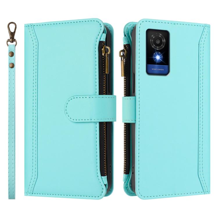 For TCL 501 Magnetic Closure 9 Card Slots Zipper Leather Case with Hand Strap