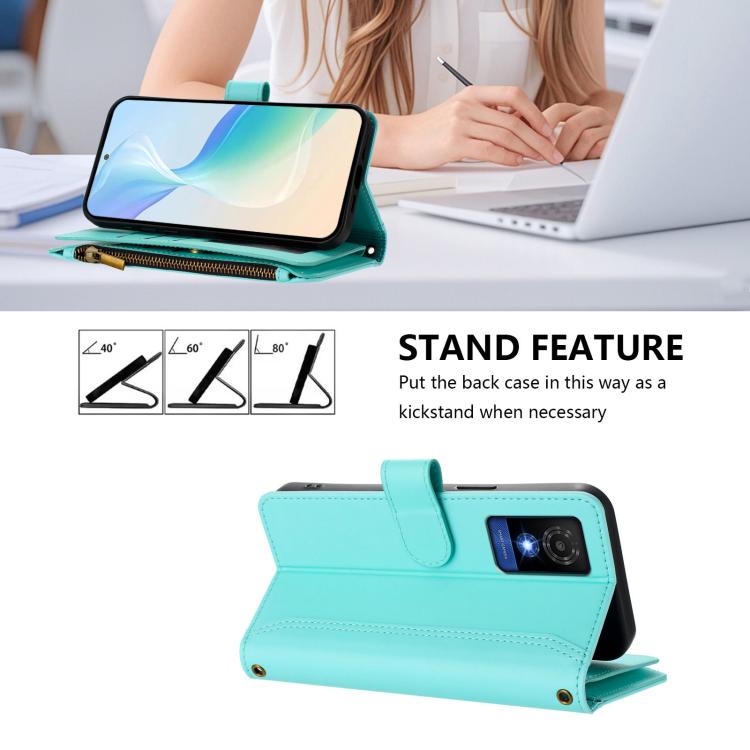 For TCL 501 Magnetic Closure 9 Card Slots Zipper Leather Case with Hand Strap