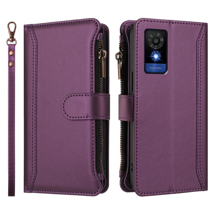 For TCL 501 Magnetic Closure 9 Card Slots Zipper Leather Case with Hand Strap