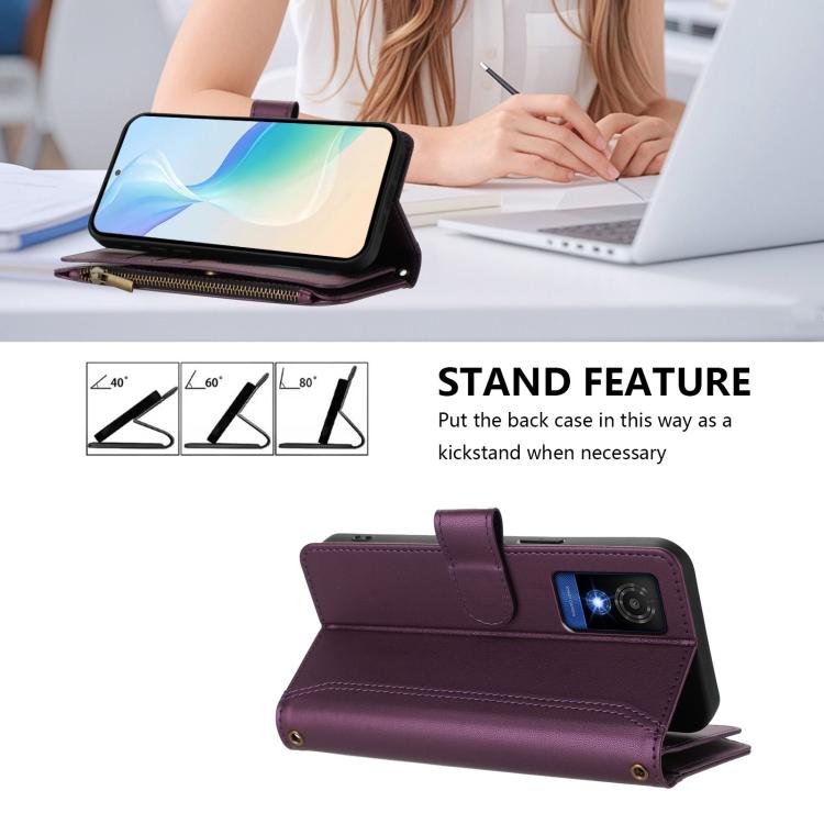 For TCL 501 Magnetic Closure 9 Card Slots Zipper Leather Case with Hand Strap
