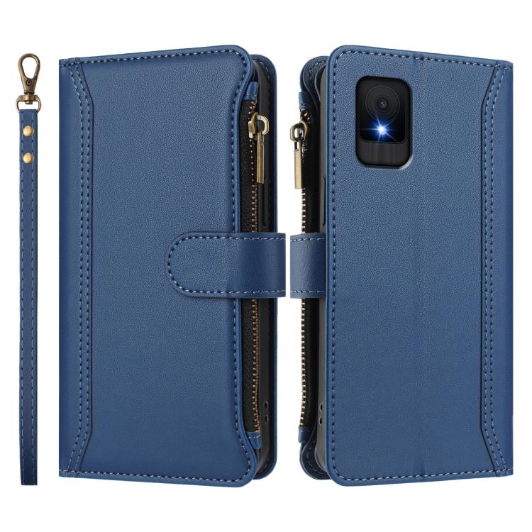 For TCL 502 Magnetic Closure 9 Card Slots Zipper Leather Case with Hand Strap