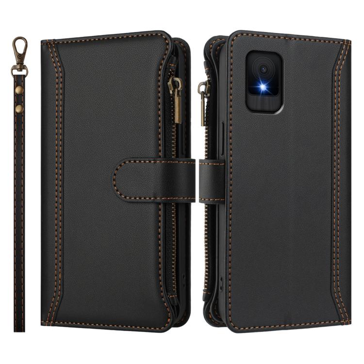For TCL 502 Magnetic Closure 9 Card Slots Zipper Leather Case with Hand Strap