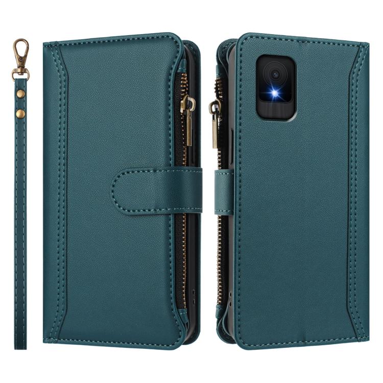 For TCL 502 Magnetic Closure 9 Card Slots Zipper Leather Case with Hand Strap