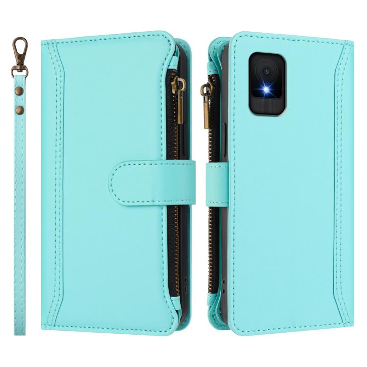 For TCL 502 Magnetic Closure 9 Card Slots Zipper Leather Case with Hand Strap