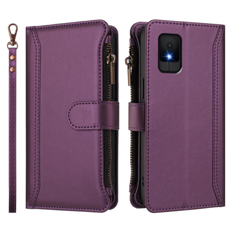 For TCL 502 Magnetic Closure 9 Card Slots Zipper Leather Case with Hand Strap