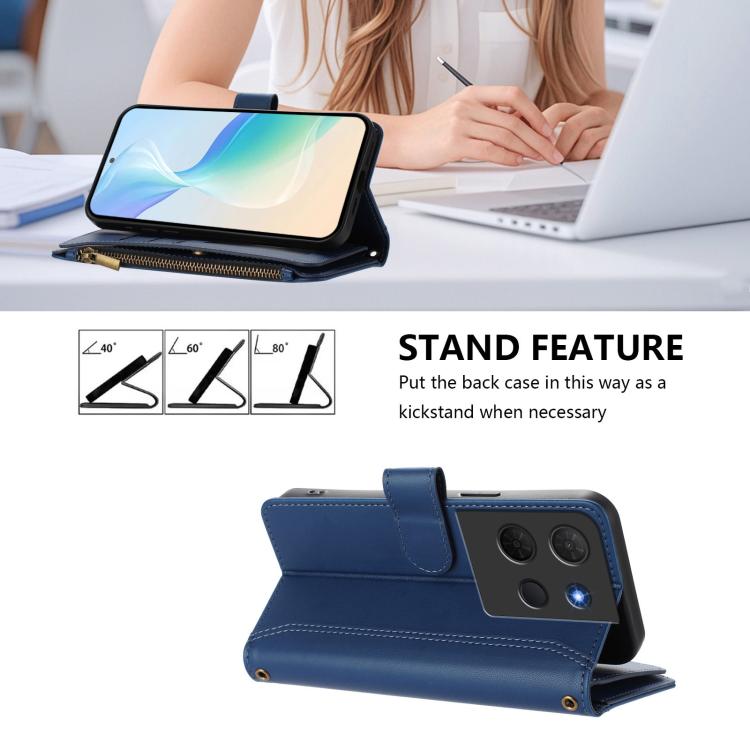 For TCL 503 Magnetic Closure 9 Card Slots Zipper Leather Case with Hand Strap
