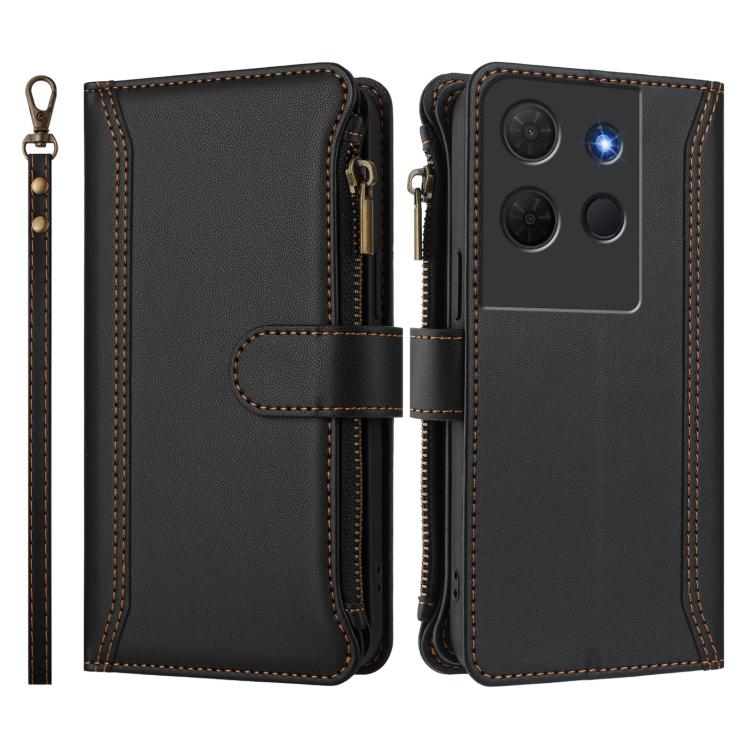 For TCL 503 Magnetic Closure 9 Card Slots Zipper Leather Case with Hand Strap