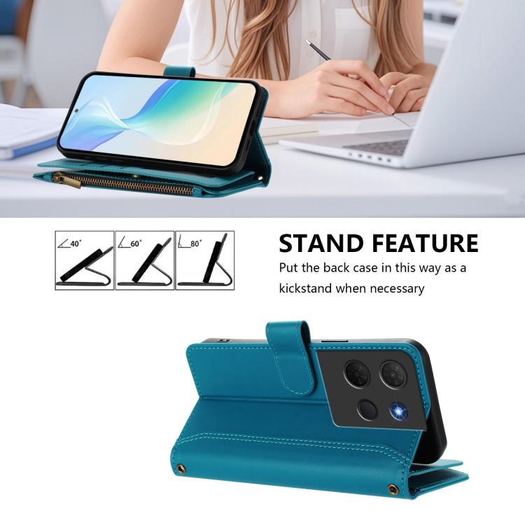 For TCL 503 Magnetic Closure 9 Card Slots Zipper Leather Case with Hand Strap