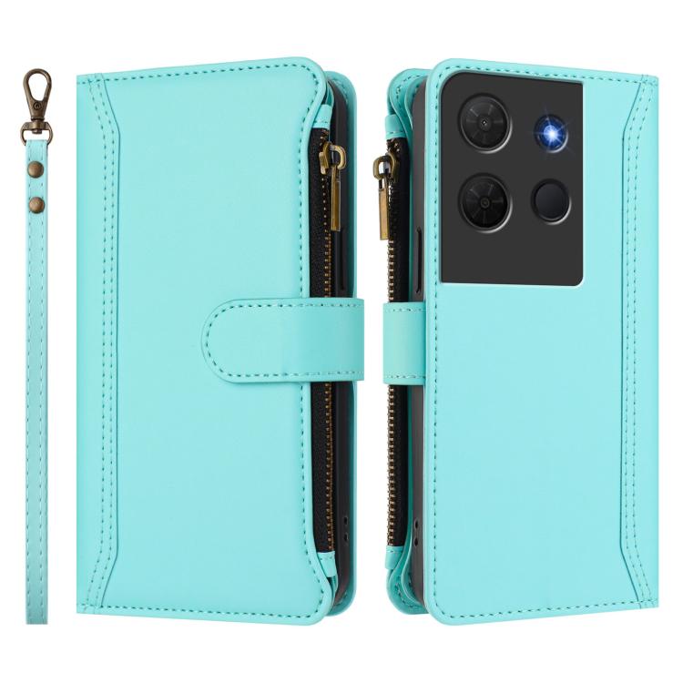 For TCL 503 Magnetic Closure 9 Card Slots Zipper Leather Case with Hand Strap
