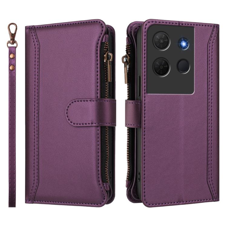For TCL 503 Magnetic Closure 9 Card Slots Zipper Leather Case with Hand Strap
