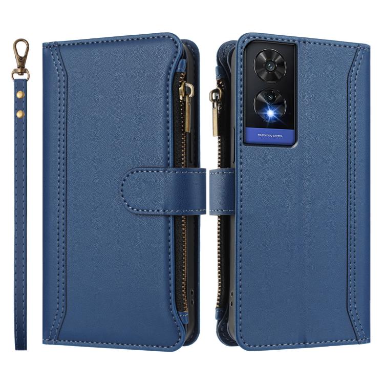 For TCL 505 Magnetic Closure 9 Card Slots Zipper Leather Case with Hand Strap